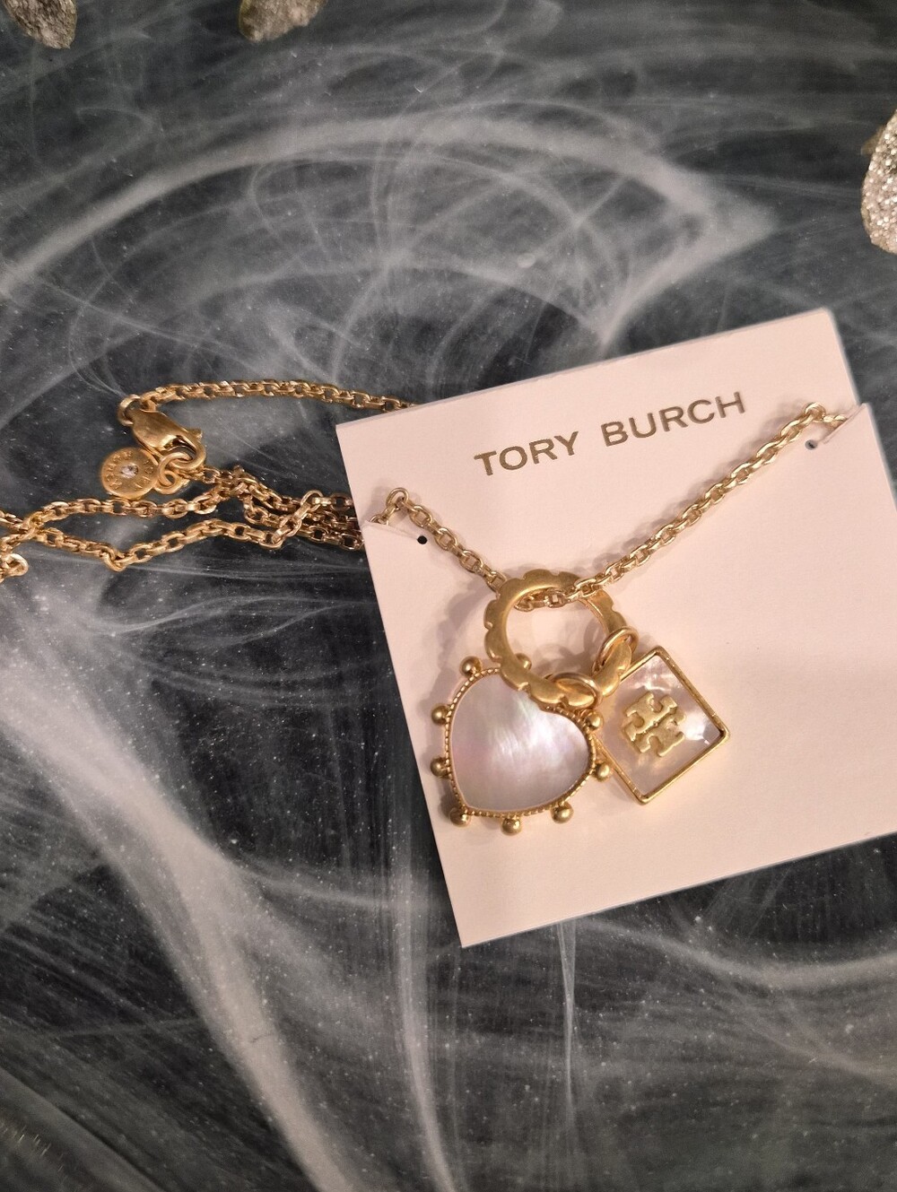 Tory Burch Gold Necklace with Pink Mother-of-Pearl Heart & Logo Charm